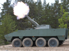 Patria AMV XP wheeled armoured vehicle with NEMO mortar on display in the Czech Republic